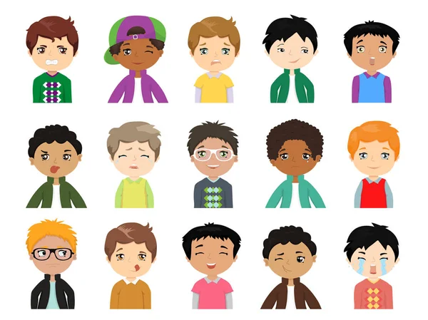 Set Cartoon superleuke multi-etnische jongens geconfronteerd met emoties Vector Icons. Set van 15 emoties. Grappige kinderen van verschillende rassen met verschillende kapsels. — Stockvector