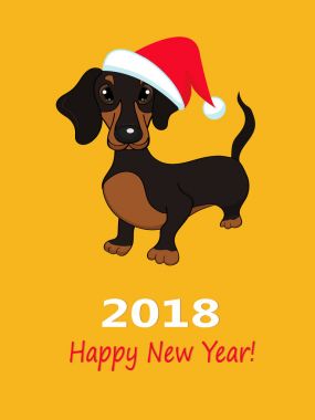 2018 mutlu yeni yıl kartları. Dachshund Köpek Noel Baba'nın şapka ve metin için bir yer.