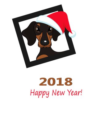 2018 mutlu yeni yıl kartları. Dachshund Köpek Noel Baba'nın şapka ve metin için bir yer. 