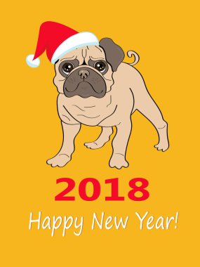 2018 mutlu yeni yıl kartları. Pug köpek Noel Baba'nın şapka ve metin için bir yer.