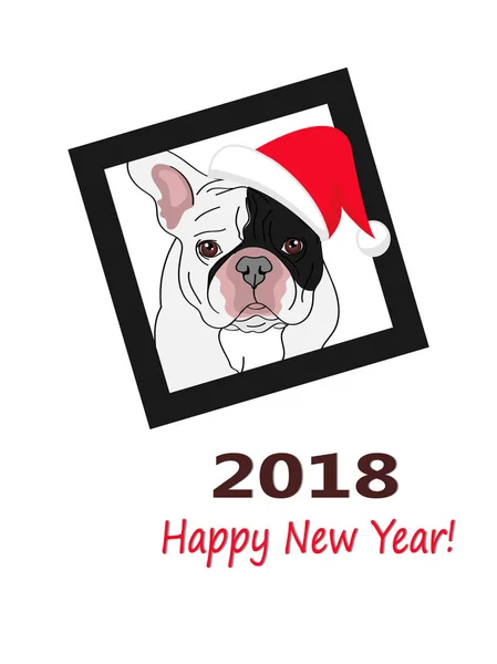 2018 Happy New Year greeting card. French bulldog  in Santa's hat and a place for your text. — Stock Vector