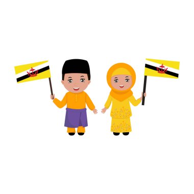 Bruneians bir bayrak ile ulusal elbiseli. Brunei için seyahat. İnsanlar. Brunei hoş geldiniz.
