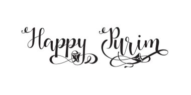 El ile geleneksel hamantaschen tanımlama yazı metin mutlu Purim.Vector illüstrasyon Yahudi tatil Purim ile yazılı