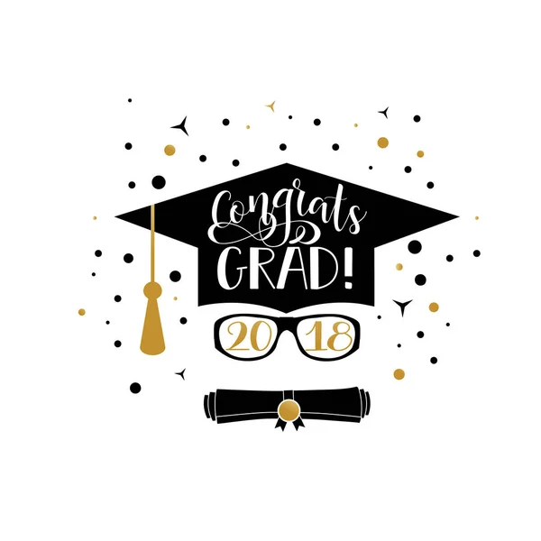 Congrats Grad 2018 belettering. Gefeliciteerd afgestudeerde banner. Afstuderen GLB en diploma gerold scroll platte ontwerp pictogram. Afwerking onderwijs symbool — Stockvector