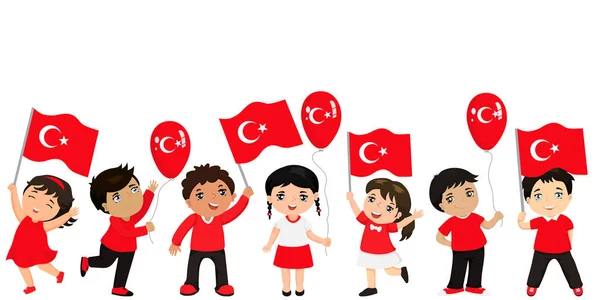 Смешные дети разных рас с различными прическами с флагами. графический дизайн к турецкому празднику . — стоковый вектор