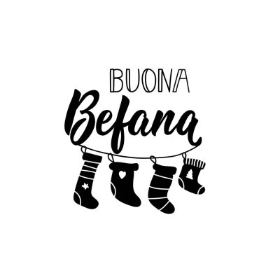 Buona Befana. İtalyanca Epifani 'n kutlu olsun. Harfler. Mektup. Mürekkep çizimi. Modern fırça hat sanatı.
