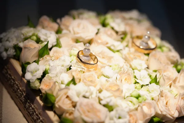 Snubní prsteny na květ růže — Stock fotografie