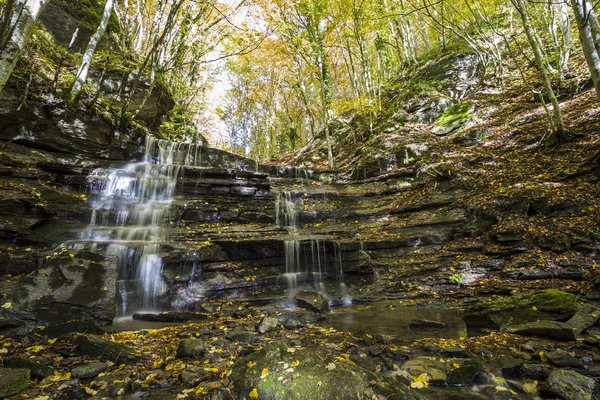 Vackra vattenfall ”de tre vattenfall” i parken av skogen — Stockfoto