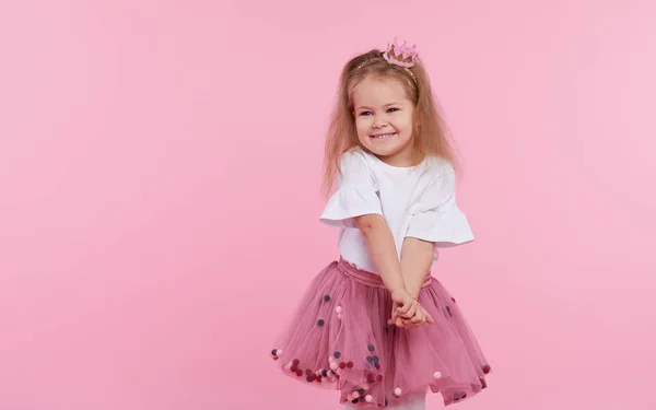 Cheerful Little Girl Tulle Skirt Princess Crown Her Head Isolated — Stock Photo, Image