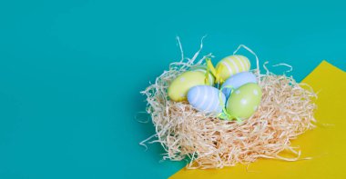 Renkli yeşil arka planda yumurta yiyen