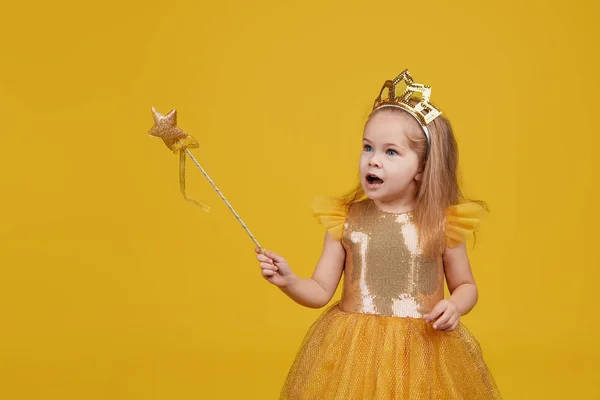 Joyful Little Girl Long Hair Tulle Golden Dress Princess Crown — Stock Photo, Image