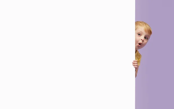 Little Smiling Child Standing White Blank Panel Isolated Purple Background — 스톡 사진