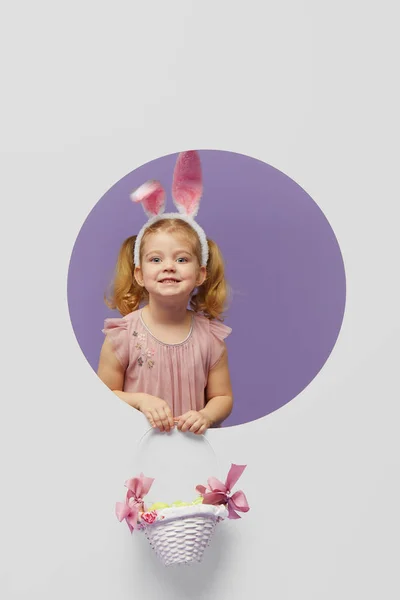 Easter Card Cute Little Child Girl Bunny Ears Holding Basket — Stock Photo, Image