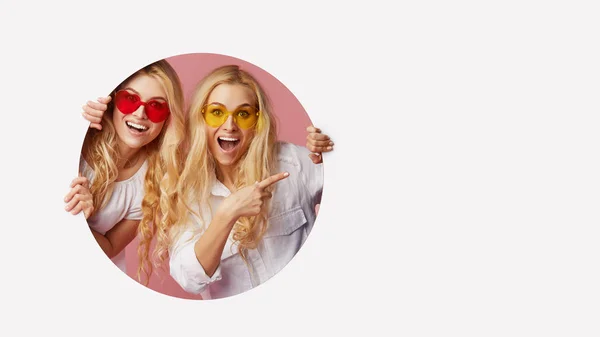 Retrato Dos Jóvenes Mujeres Felices Conmocionadas Las Gafas Sol Forma —  Fotos de Stock