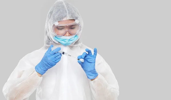 Biological Hazard Epidemic Chinese Coronavirus Asian Woman Protective Suit Mask — Stockfoto