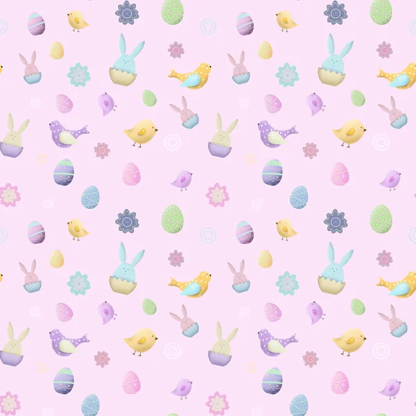 Ostermuster Mit Eiern Kaninchen Vögeln Und Blumen Endlosen Frühling Hintergrund — Stockfoto