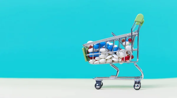 Panier Miniature Rempli Pilules Comprimés Capsules Concept Achat Pharmacie Médecine — Photo
