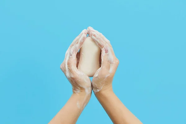 Hand Hygiene Concept Female Hands Holding Antibacterial Soap Foam Blue — Stock Photo, Image