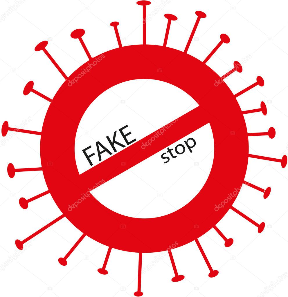 Stop fake news on social media. The concept of falsification of news about the coronavirus pandemic in the world. Conspiracy against humanity. Vector icon