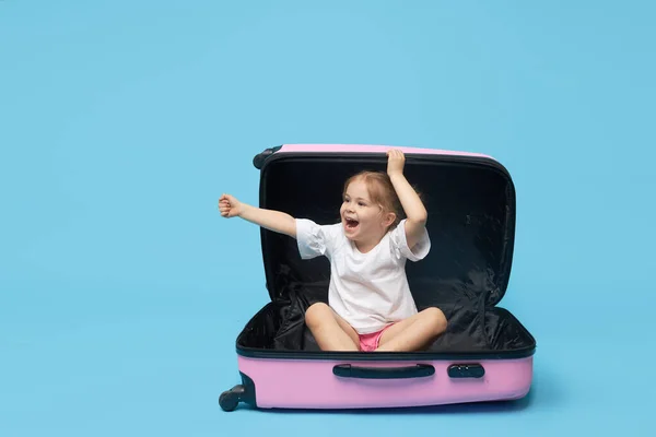 Cute Baby Girl Sitting Suitcase Waiting Summer Vacation Quarantine Pointing — Stock Photo, Image