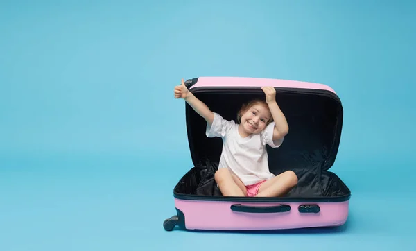 Cute Baby Girl Sitting Suitcase Waiting Summer Vacation Quarantine Pointing — Stock Photo, Image