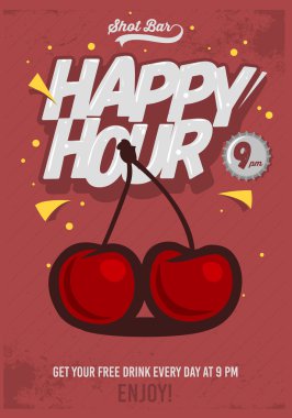 Happy Hour Poster reklam için. Kiraz illüstrasyon. Çizgi Ben