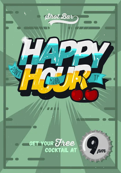 Happy Hour Concept Poster Template para publicidade. Comic Inscri — Vetor de Stock