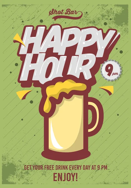 Poster dell'happy hour per la pubblicità. Illustrazione tazza di birra. Fumetto — Vettoriale Stock