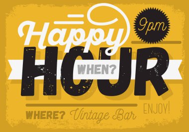 Happy Hour. Yeni Vintage başlık işareti tasarım ile bir afiş Ribbo