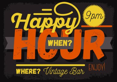 Happy Hour. Yeni Vintage başlık işareti tasarım ile bir afiş Ribbo