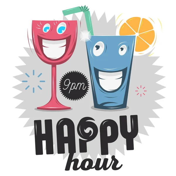 Happy Hour. Personaggi divertenti cartoni animati sorridenti di vetro. Grafico vettoriale — Vettoriale Stock