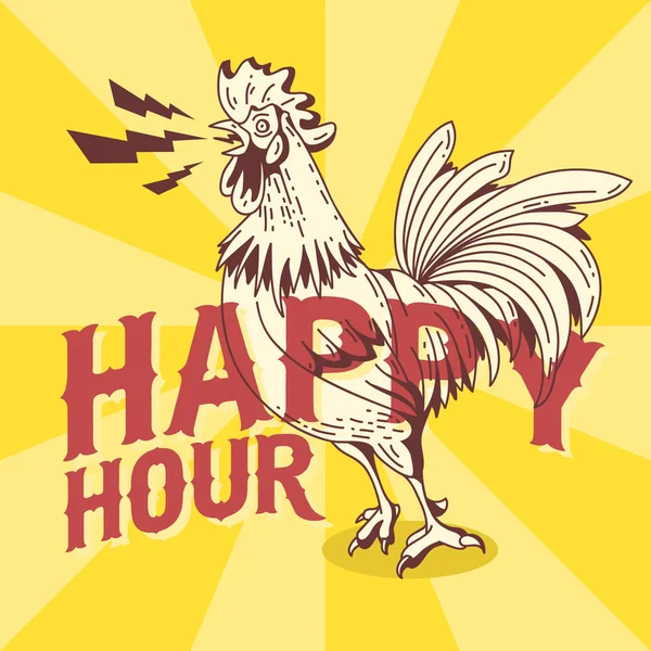 Happy Hour neues Vintage Poster Design mit krähendem Hahnenträger — Stockvektor
