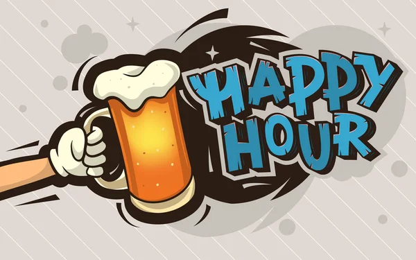 Happy Hour Cartoon Poster Design mit einer Illustration einer Hand — Stockvektor