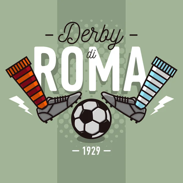 イタリア語のラベルのデザインでローマ ダービー。サッカーのブーツとボールのフラット T — ストックベクタ