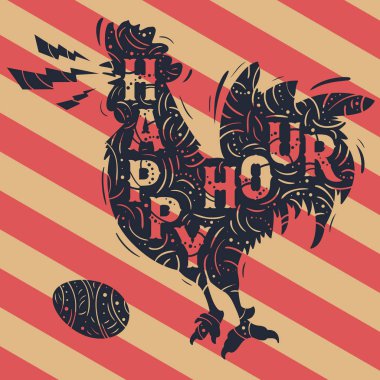 Happy Hour New Vintage Label With Crowing Rooster Drawing. Decor clipart
