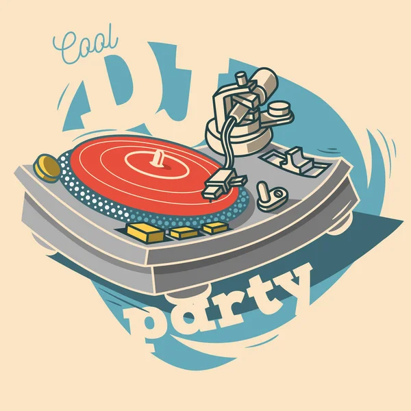 DJ Cool Party Funny Poster Design With Vinyl Record And A Gramop — Stock Vector