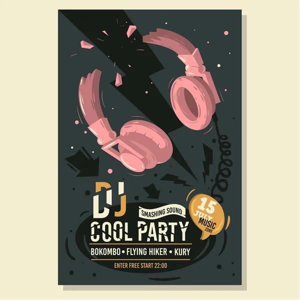 Dj party poster flyer design mit kaputten kopfhörern illustration — Stockvektor