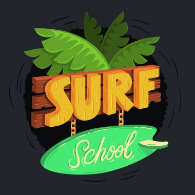 Sörf okulu Cartooned ahşap 3d işareti tasarlamak tropikal yaprakları ile