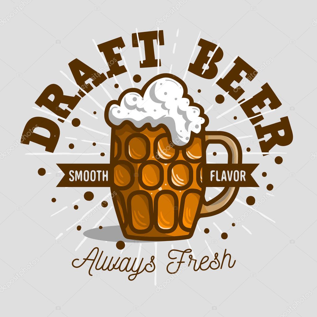 Draft Beer Logo Label Design  With A Mug Or A Krug Of Beer With Foam Illustration. Vector Graphic.