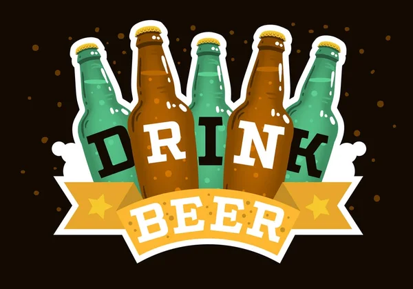 Progettazione motivazionale della birra della bevanda con l'illustrazione delle bottiglie di vetro della birra ed un banner per il messaggio . — Vettoriale Stock