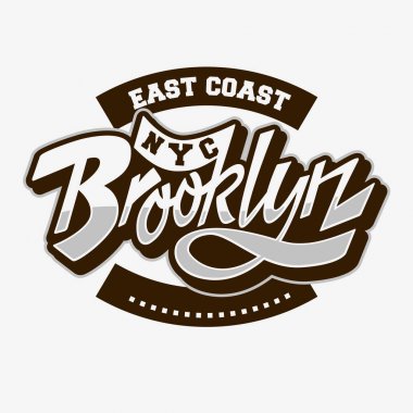 Brooklyn East Coast özel komut dosyası Vintage yazı tipografik türü etiket Tee baskı tasarımı beyaz bir arka planda etkiledi.
