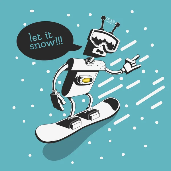 Snowboard Design Robot snowboardos illusztráció, aki azt mondja, legyen hó. — Stock Vector