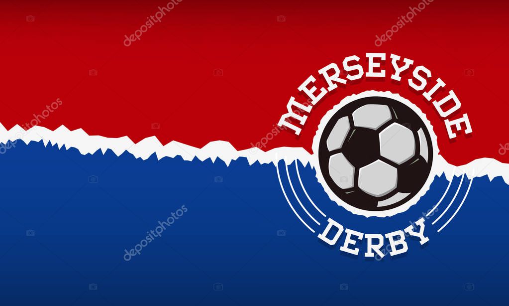 Merseyside Derby Of Liverpool And Manchester, United Kingdom, England. Round Football Or  Soccer  Logo Label Emblem Design With An Area For Additional Information. Vector Graphic.