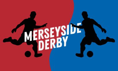 Merseyside Derby Liverpool ve Manchester, Büyük Britanya, İngiltere'de. Futbol ya da bir oyuncu siluetleri ile futbol tasarım.