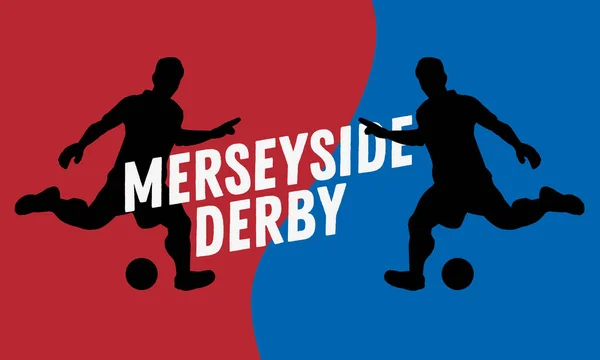 Ντέρμπι του Merseyside του Λίβερπουλ και του Μάντσεστερ, Ηνωμένο Βασίλειο, Αγγλία. Ποδόσφαιρο ή ποδόσφαιρο σχεδιασμό με ένα παίκτη σιλουέτες. — Διανυσματικό Αρχείο