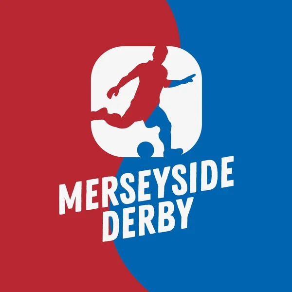 Ντέρμπι του Merseyside του Λίβερπουλ και του Μάντσεστερ, Ηνωμένο Βασίλειο, Αγγλία. Ποδόσφαιρο ή ποδόσφαιρο λογότυπο του σχεδιασμού έμβλημα ετικέτα με ένα παίκτη σιλουέτα. — Διανυσματικό Αρχείο