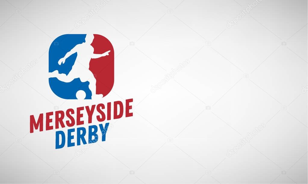 Merseyside Derby Of Liverpool And Manchester, United Kingdom, England. Football Or Soccer Logo Label Emblem Design With A Player Silhouette With An Area For Additional Information.