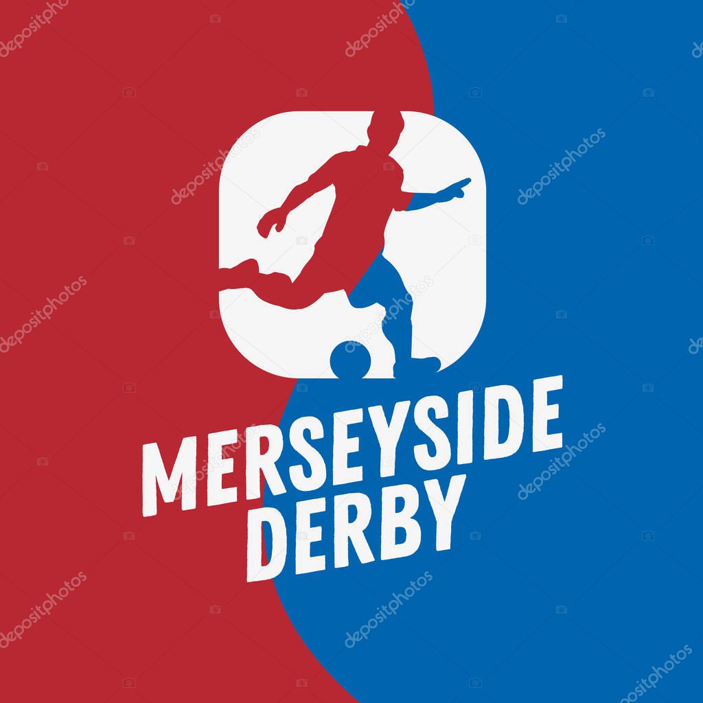 Merseyside Derby Of Liverpool And Manchester, United Kingdom, England. Football Or Soccer Logo Label Emblem Design With A Player Silhouette.