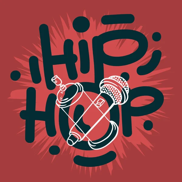 Hip Hop Lettering Custom Type Design Con Un Micrófono Y Graffiti Spray Puede Baloon. Dibujos animados artísticos dibujado a mano incompleta línea estilo de arte . — Vector de stock
