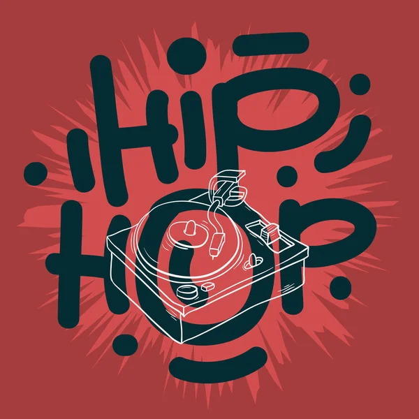 Hip Hop betűkkel egyéni típusú tervez-val egy lemezjátszó rajz. Művészi rajzfilm kézzel rajzolt vázlatos Line Art stílus. — Stock Vector